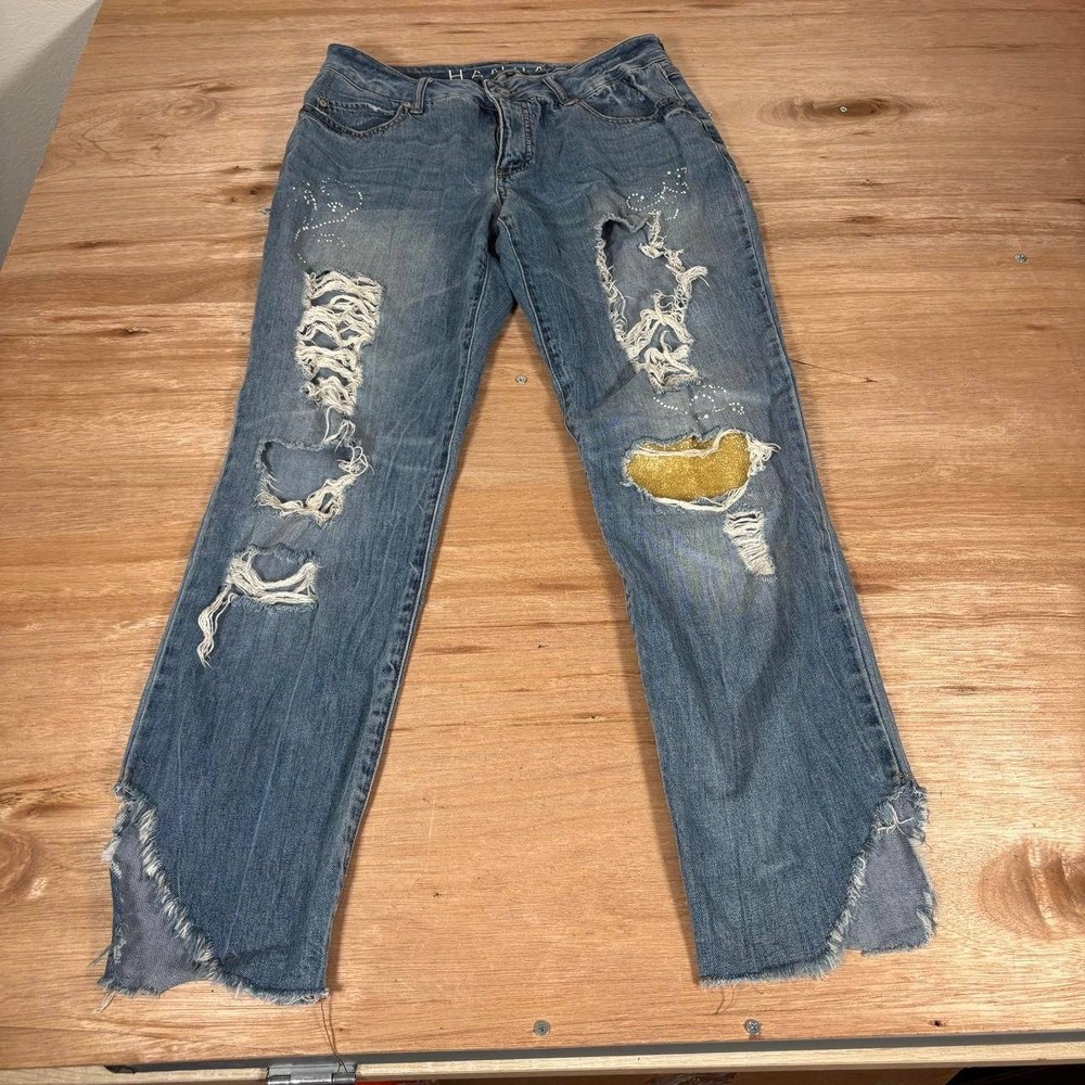 Hannah Womens Distressed Straight Leg Jeans Blue Gold Glitter Rhinestone Size 12